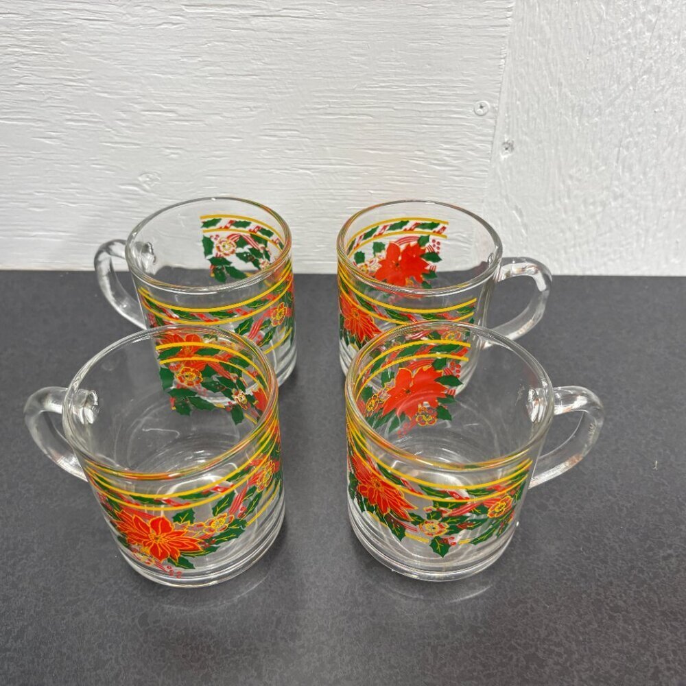 Vintage KIG Indonesia Christmas Poinsettia Glass Coffee Cups Set of 4 - 8 oz